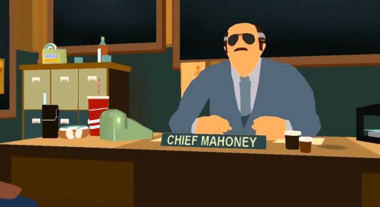 Min chef Mahoney med solglasögon inomhus. När han inte skriker på mig är han cool!