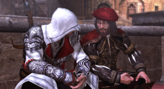 Ezio och Leonardo da Vinci drar rövarhistorier.